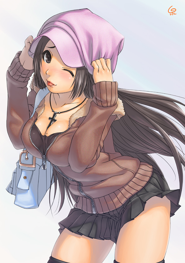 1girl, :p, ;p, adjusting_clothes, adjusting_hat, bad_id, bag, black_hair