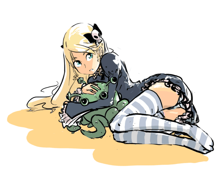 1girl, blonde_hair, dan_kim, green_eyes, long_hair, looking_at_viewer, momoka_corner, mopple, mr._mopps, panties, pantyshot, simple_background, snax, striped, thigh-highs, underwear, white_background