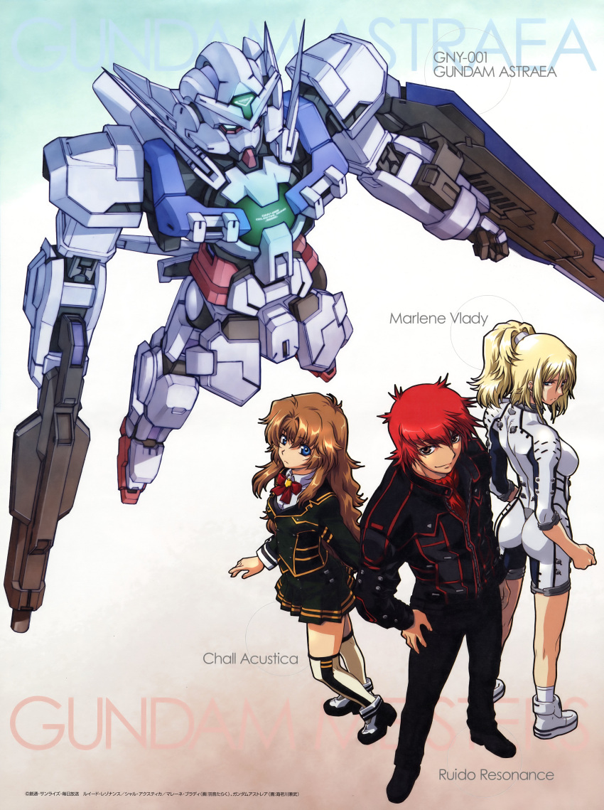 absurdres, aqua_eyes, astraea_gundam, blonde_hair, blue_eyes, brown_eyes, brown_hair, chall_acustica, ebikawa_kanetake, footwear, gundam, gundam_00, gundam_00p, highres, kneehighs, marlene_vlady, mecha, redhead, ruido_resonance, skirt, socks, uon_taraku