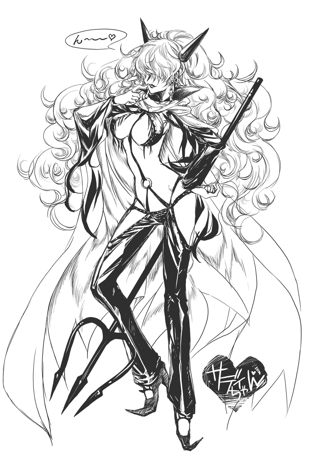 1girl, bangs, breasts, cloak, curly_hair, earrings, fringe, full_body