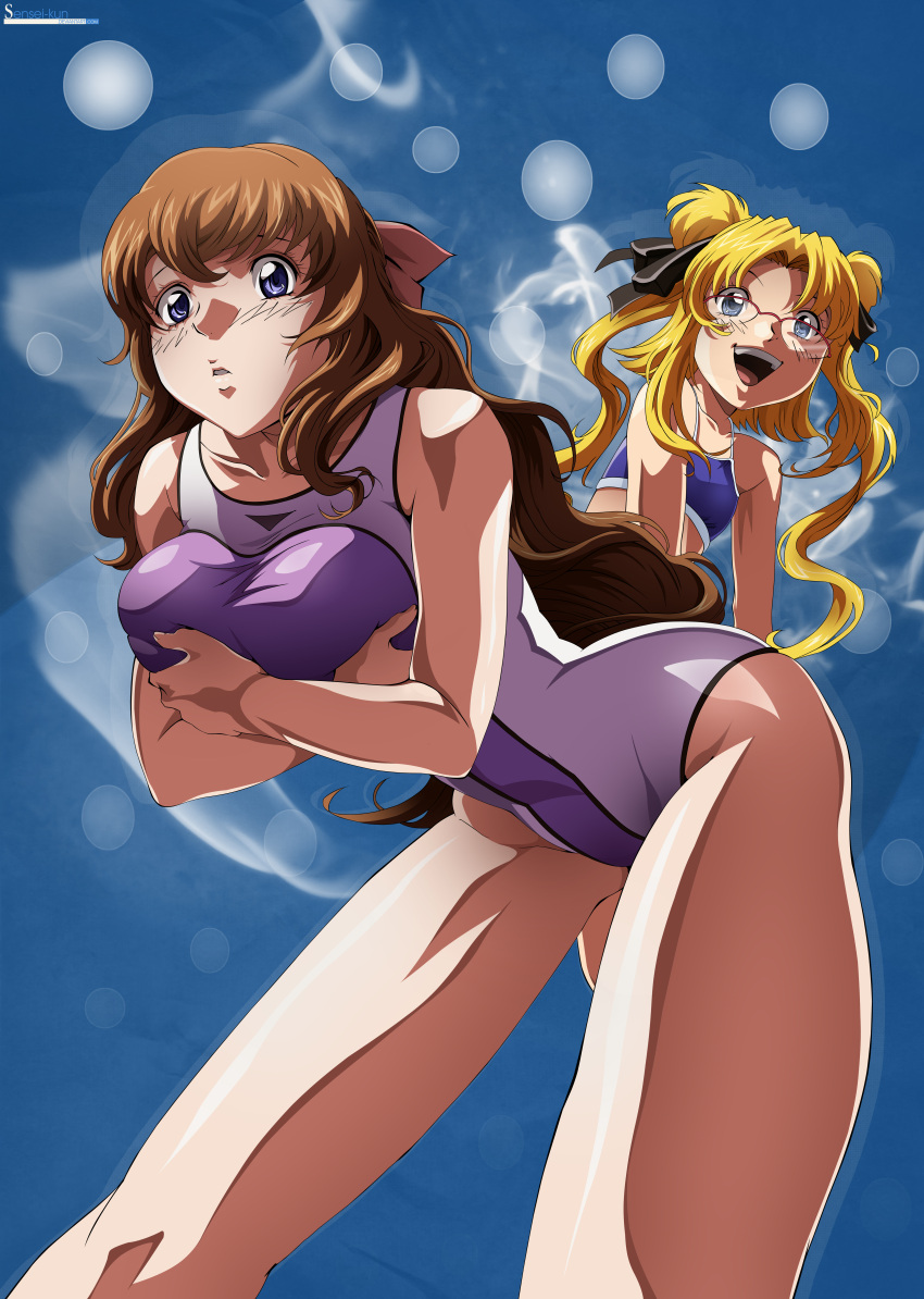 2girls, :d, absurdres, bent_over, bikini, blonde_hair, blue_eyes, blush