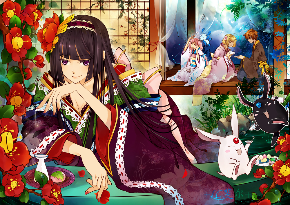 1boy, 3girls, alcohol, bad_id, bangs, black_hair, blonde_hair, blunt_bangs