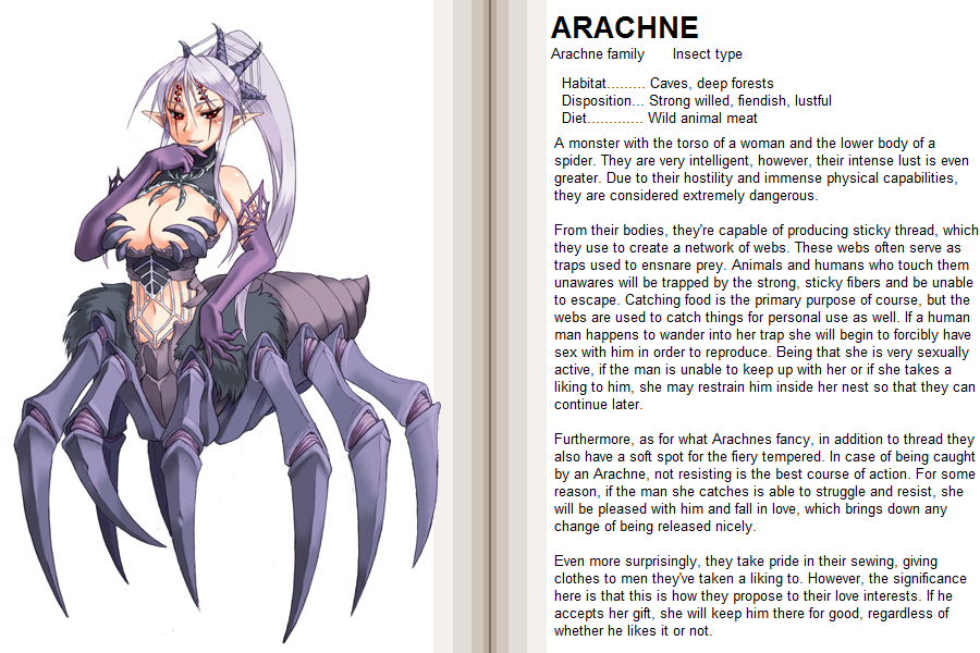 1girl, arachne, arachne_(mamono_girl_lover), arachne_(monster_girl_encyclopedia), blush, breasts, character_profile, cleavage