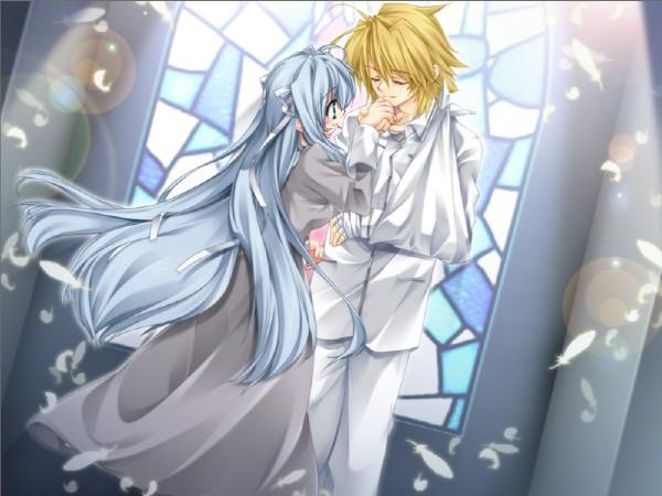 1boy, 1girl, ashe_(under_the_moon), blonde_hair, blue_hair, blush, church, couple