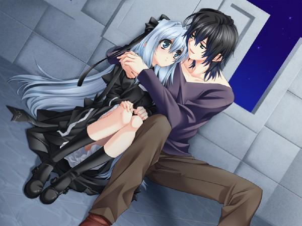 1boy, 1girl, ashe_(under_the_moon), black_hair, blue_hair, couple, dress, game_cg
