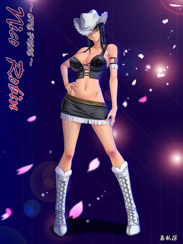 1girl, alabasta, black_hair, boots, breasts, brown_eyes, character_name, cleavage