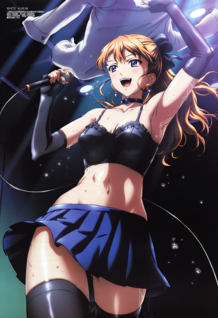 1girl, :d, absurdres, alternate_hairstyle, arm_up, bangs, bare_shoulders, black_bra