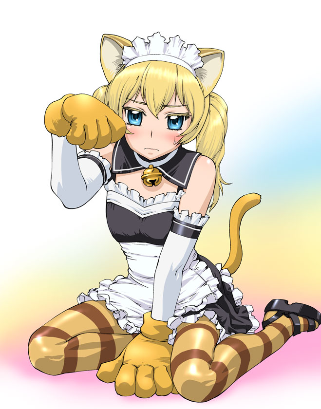 1boy, animal_ears, bell, blonde_hair, blue_eyes, blush, brocken_blood, cat_ears, cat_tail, elbow_gloves, gloves, maid, male_focus, neuschwanstein_sakurako, paw_pose, paws, shurutsu_ken'ichi, solo, striped, striped_legwear, tail, thigh-highs, trap, twintails, ueyama_michirou