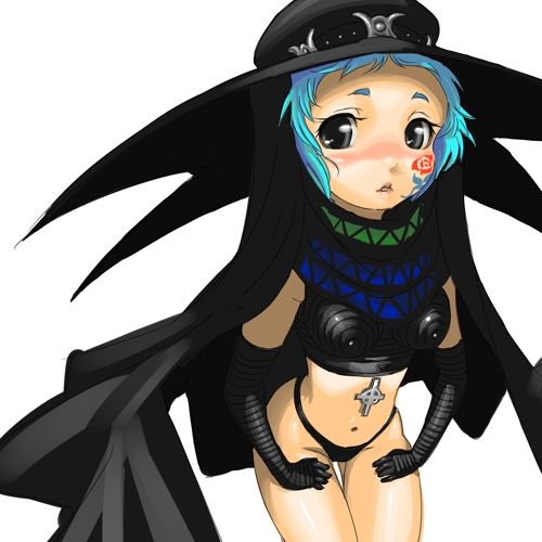 1girl, atlus, black_panties, blue_hair, blush, cape, cosplay, cross, gloves, grey_eyes, hat, lowres, midriff, navel, panties, persona, persona_3, scathach, scathach_(cosplay), solo, underwear, witch, yamagishi_fuuka
