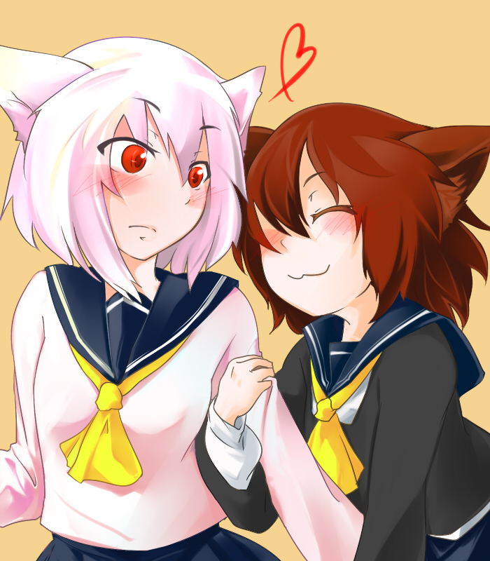 :3, alternate_costume, amagi, arm_hug, blush, brown_hair, chen, contemporary