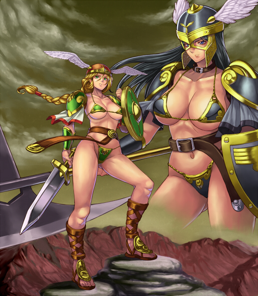 2girls, ankle_lace-up, armor, axe, bad_id, belt, bikini, bikini_armor, black_hair, black_valkyrie, blonde_hair, boots, braid, breasts, cross-laced_footwear, green_eyes, head_wings, helmet, ibanen, large_breasts, long_hair, multiple_girls, polearm, shield, single_braid, swimsuit, sword, valkyrie_(vnd), valkyrie_no_densetsu, vambraces, weapon, winged_helmet, wings