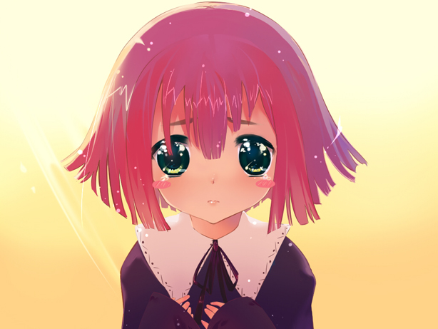 angela_leon, bad_id, blush, child, green_eyes, hagi_(artist), pink_hair, short_hair