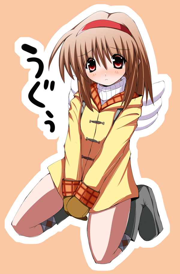 1girl, boots, bottomless, brown_hair, hairband, kaga_taichi, kanon, mittens, red_eyes, saga_taichi, solo, tsukimiya_ayu