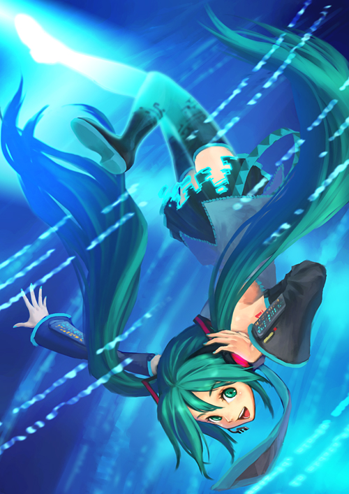 detached_sleeves, digital_dissolve, dissolving, green_eyes, green_hair, hatsune_miku, headphones, hisakata_souji, long_hair, microphone, pixel_dissolve, skirt, thigh-highs, twintails, very_long_hair, vocaloid