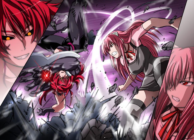 00s, 2girls, amaha_masane, battle, black_sclera, crossover, elfen_lied, epic