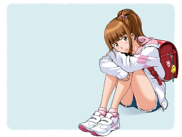 1girl, backpack, bag, bangs, blush, brown_eyes, brown_hair, charm_(object), crossed_arms, cutoffs, denim, denim_shorts, from_side, full_body, fur_trim, head_tilt, high_ponytail, hood, hood_down, hoodie, leg_hug, legs, light_smile, lips, long_hair, long_sleeves, looking_at_viewer, open_clothes, open_hoodie, original, ponytail, randoseru, senke_kagerou, shoes, short_shorts, shorts, sidelocks, simple_background, sleeves_past_wrists, smile, sneakers, socks, solo, unzipped