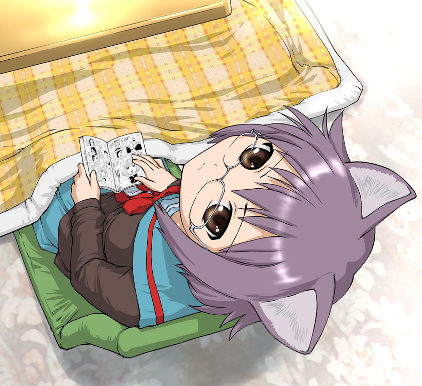 1girl, animal_ears, blanket, bow, brown_eyes, cameo, cardigan, cat_ears, comic, glasses, kemonomimi_mode, kotatsu, lavender_hair, looking_up, manga_(object), nagato_yuki, school_uniform, short_hair, solo, suzumiya_haruhi_no_yuuutsu, table, tsumanuda_fight_town, ueyama_michirou