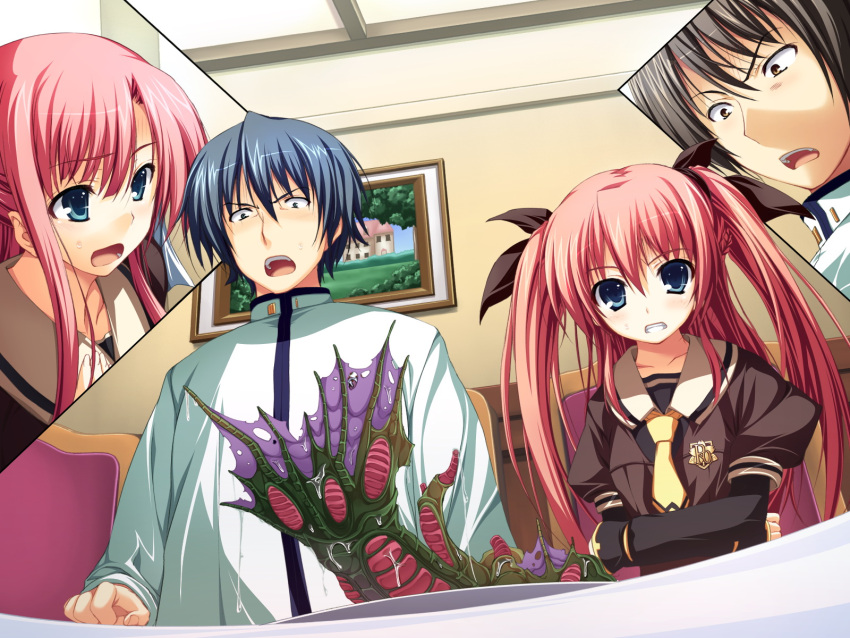 2boys, 2girls, akatsuki_no_goei, asagiri_kaito, bad_food, claws, game_cg, hands, highres, miyagawa_takanori, multiple_boys, multiple_girls, nikaidou_aya, nikaidou_reika, school_uniform, shocking, surprised, tomose_shunsaku