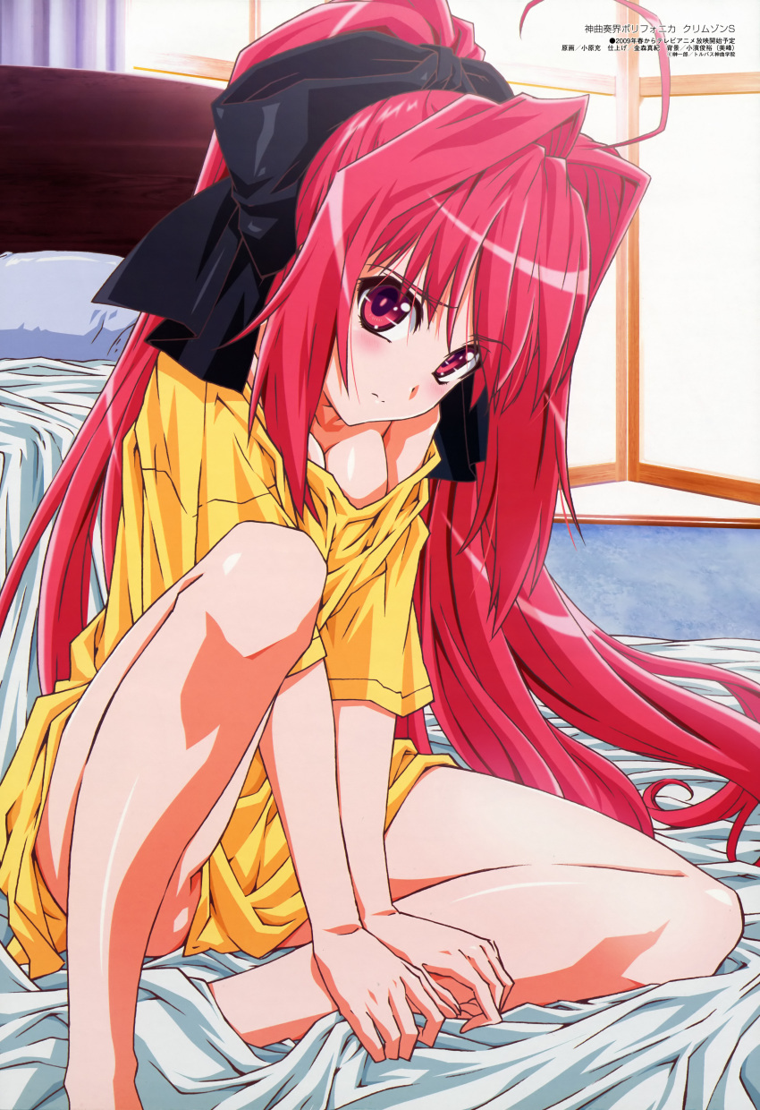 1girl, absurdres, ahoge, barefoot, bed, bed_sheet, blush, bottomless