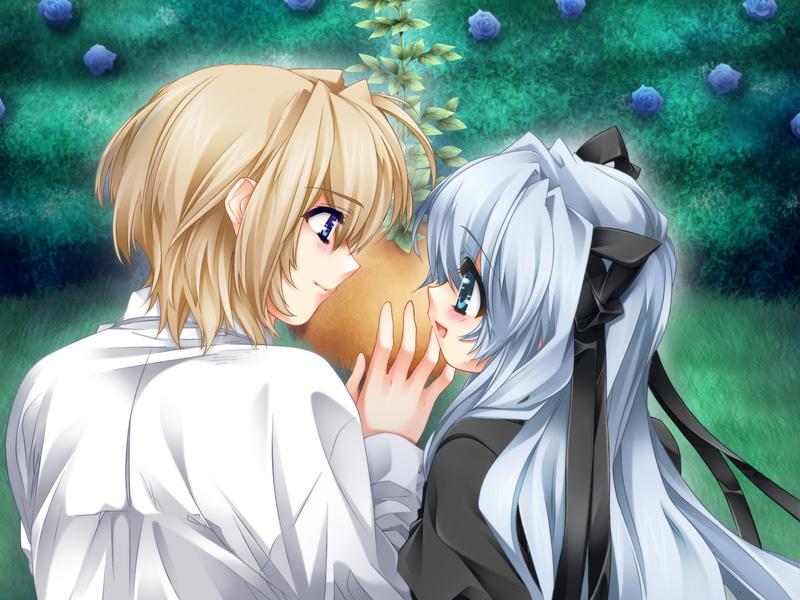1boy, 1girl, ashe_(under_the_moon), blonde_hair, blue_eyes, blue_hair, couple, game_cg