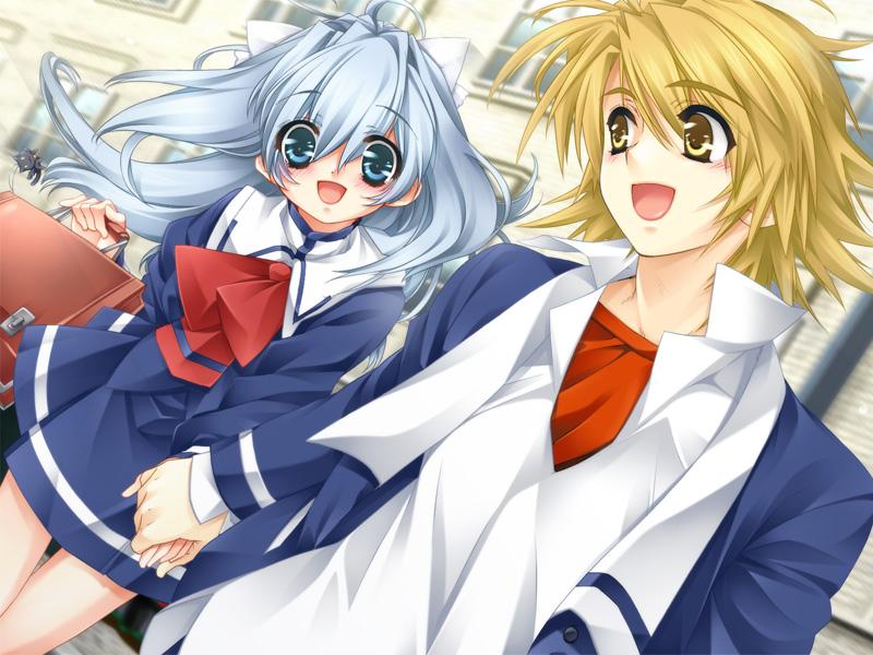 1boy, 1girl, ashe_(under_the_moon), blonde_hair, blue_eyes, blue_hair, couple, game_cg