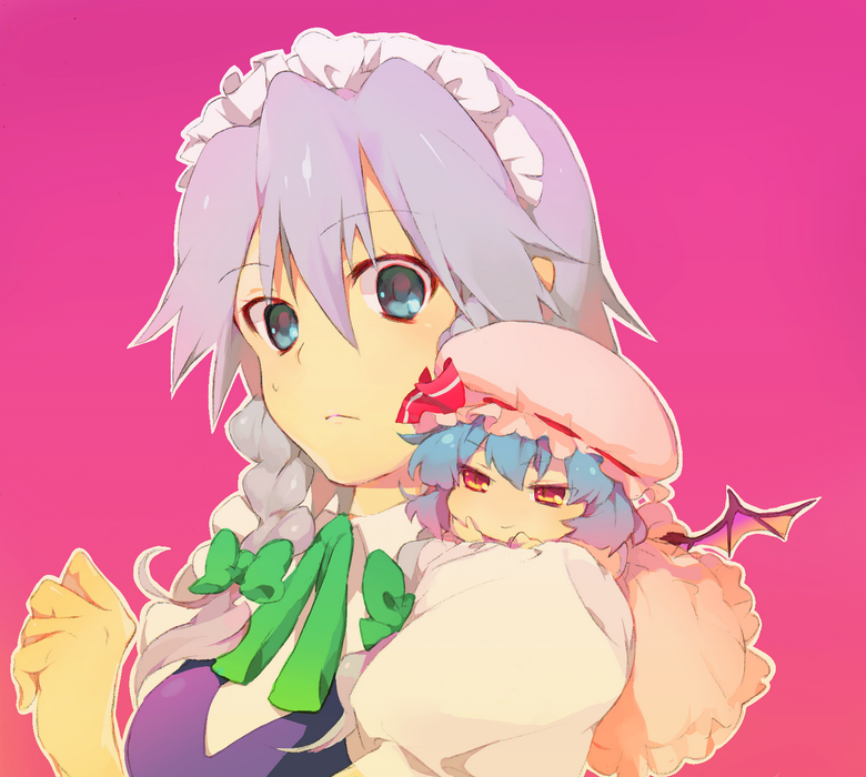 2girls, bad_id, bat_wings, blue_eyes, blue_hair, chibi, female, hairband, hat, honjyamaka, izayoi_sakuya, minigirl, multiple_girls, red_eyes, remilia_scarlet, ribbon, short_hair, silver_hair, touhou, wings