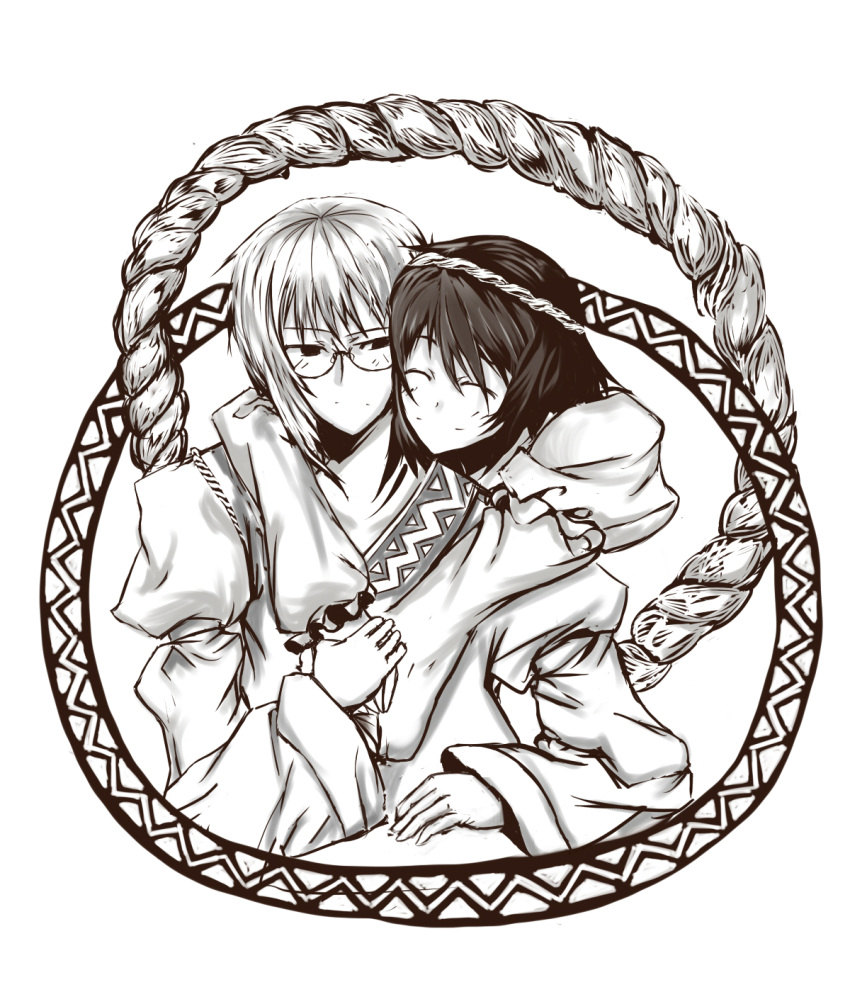 1boy, 1girl, asakura_itaru, bad_id, brown, closed_eyes, glasses, hetero, highres, hug, hug_from_behind, monochrome, morichika_rinnosuke, rope, shimenawa, smile, touhou, yasaka_kanako
