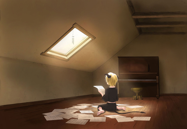 1girl, attic, barefoot, blonde_hair, demon_tail, female, horns, indoors