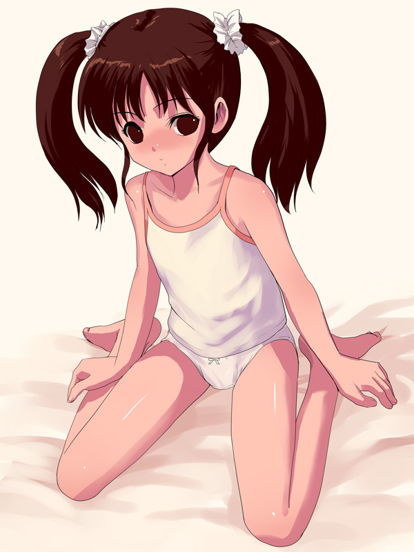 1girl, barefoot, brown_eyes, brown_hair, camisole, child, female, natori_(natorism), original, panties, sitting, solo, twintails, underwear
