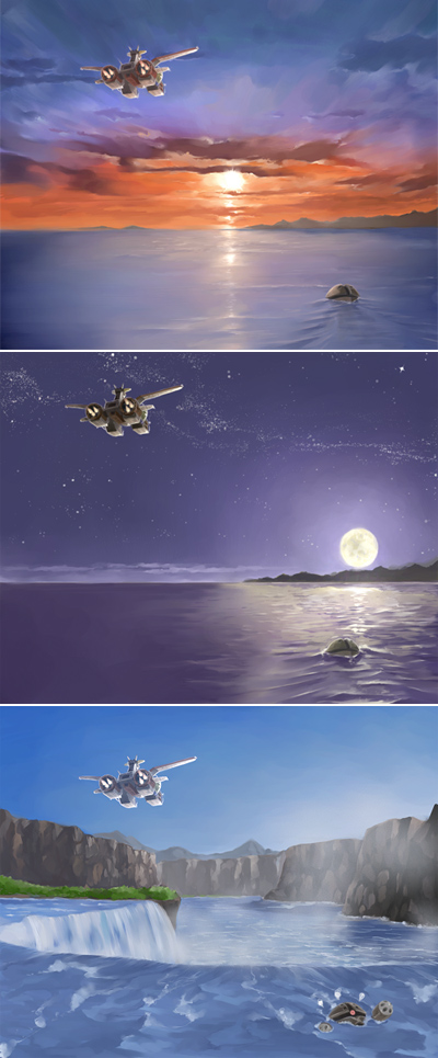 3koma, 4koma, acguy, comic, gundam, kow, kow_(k.), landscape, mecha, mobile_suit_gundam, moon, night, ocean, silent_comic, sunset, water, waterfall, white_base