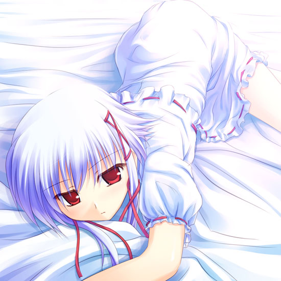 1girl, bed_sheet, blue_hair, hair_ribbon, mediaworks, morimiya_aono, pajamas, red_eyes