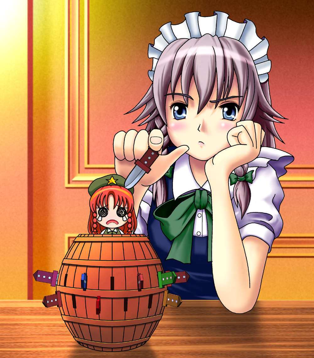 2girls, @_@, barrel, blush, chibi, female, hairband, hat