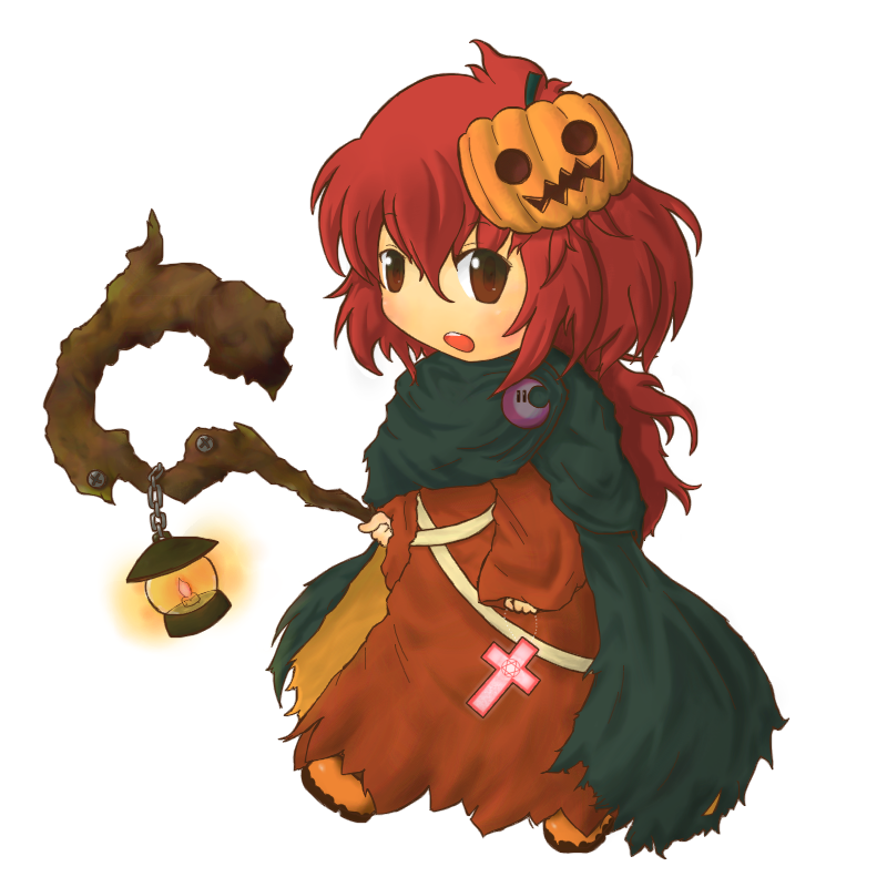 1girl, alternate_costume, chibi, cross, female, food_themed_hair_ornament, hair_ornament, halloween, jack-o'-lantern, long_hair, okazaki_yumemi, phantasmagoria_of_dim._dream, pumpkin, pumpkin_hair_ornament, red_eyes, redhead, simple_background, solo, staff, suiyou_taruta, touhou, touhou_(pc-98), white_background