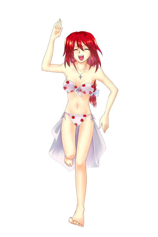 1girl, barefoot, bikini, clannad, closed_eyes, cross, female, food