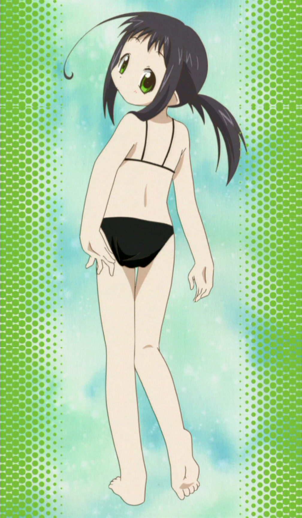00s, 1girl, adjusting_clothes, adjusting_swimsuit, back, barefoot, bikini, binzume_yousei