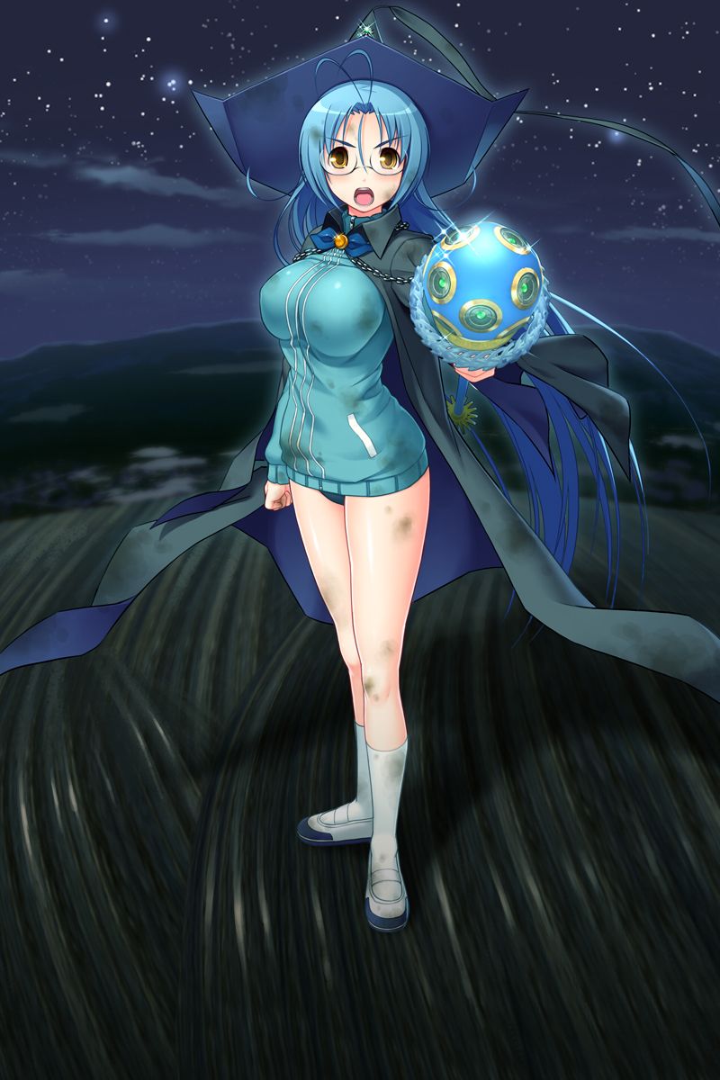 1girl, blue_hair, breasts, game_cg, garnet_(sumaga), highres, large_breasts, night