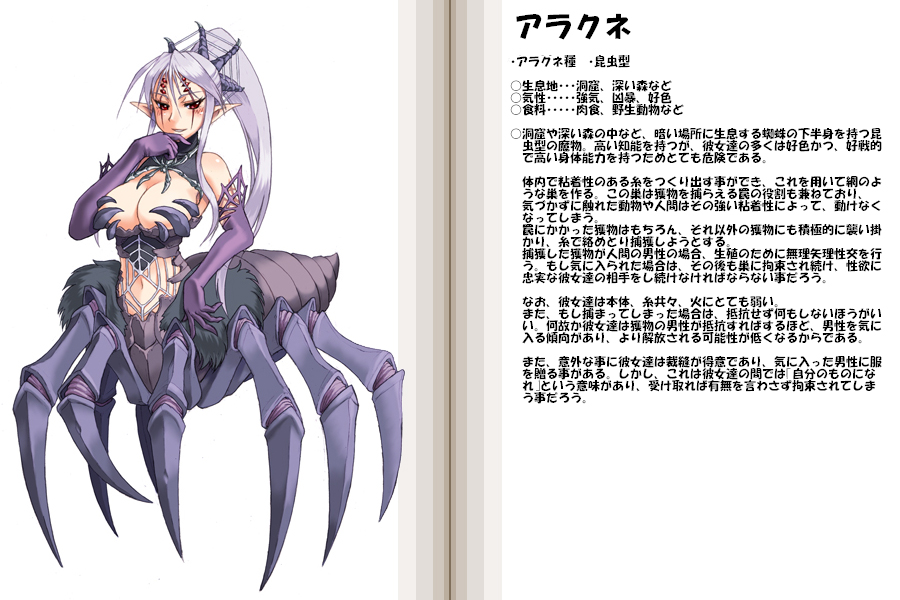 1girl, arachne, arachne_(mamono_girl_lover), arachne_(monster_girl_encyclopedia), blush, breasts, character_profile, elbow_gloves