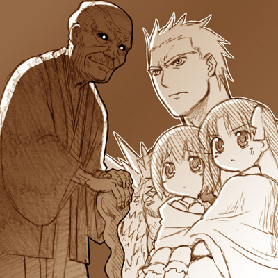2boys, 2girls, archer, brown, evil_eye, fate/stay_night, fate_(series), lowres, matou_sakura, matou_zouken, monochrome, multiple_boys, multiple_girls, st_parasu, tohsaka_rin, walking_stick
