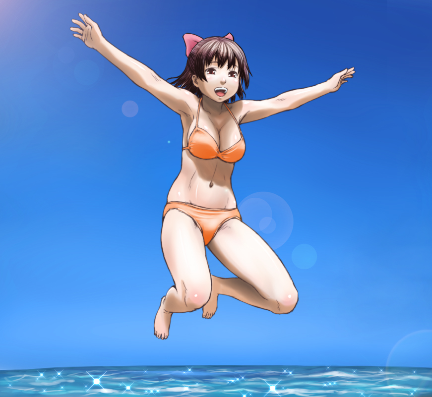 1girl, :d, aoi_minamo, armpits, barefoot, bikini, bow, breasts