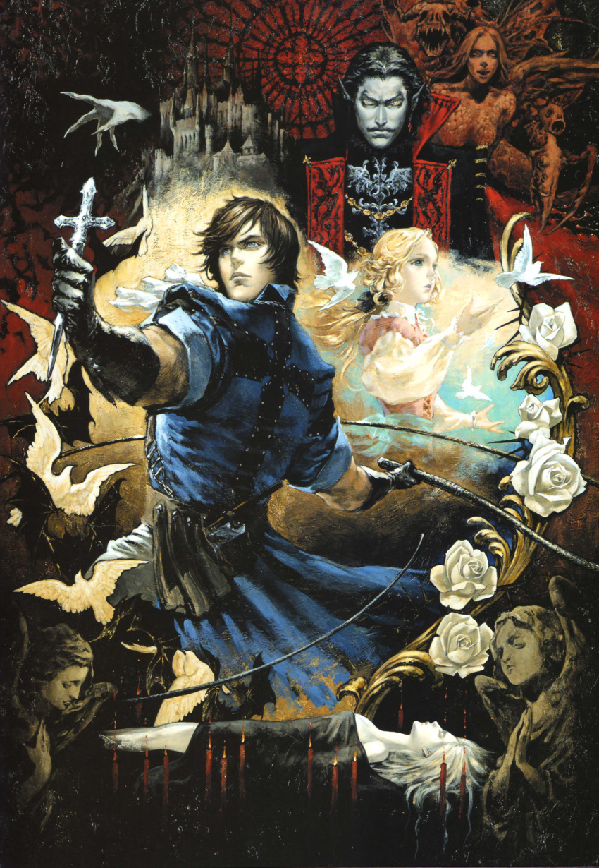 1girl, 2boys, absurdres, age_difference, androgynous, angel, bat, bird, black_gloves, black_hair, blonde_hair, blue_eyes, brown_hair, candle, castle, castlevania, castlevania:_dracula_x_chronicles, charcoal_(medium), cravat, cross, dove, dracula, facial_hair, fighting_stance, fingernails, floating_hair, flower, gloves, gothic, hair_ribbon, high_collar, highres, holding, kojima_ayami, konami, long_fingernails, long_hair, long_sleeves, low_ponytail, maria_renard, multiple_boys, mustache, naked_sheet, official_art, oil_painting_(medium), outstretched_arm, pale_skin, parted_lips, pointy_ears, ponytail, ribbon, richter_belmondo, rose, short_hair, statue, traditional_media, vampire, wavy_hair, weapon, whip, white_hair, white_rose, white_skin, wings