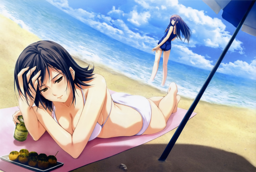 2girls, absurdres, adjusting_hair, ass, back, bangs, barefoot, beach, beach_umbrella, bikini, black_hair, blue_eyes, blush, breasts, brown_hair, can, cleavage, clouds, crossed_arms, dango, drink, dutch_angle, fisheye, flat_chest, food, foreshortening, from_behind, highres, kneepits, large_breasts, legs, legs_crossed, light_smile, long_hair, looking_back, lying, multiple_girls, ocean, official_art, on_stomach, one-piece_swimsuit, outdoors, parasol, parted_bangs, pianissimo_(game), pp:_pianissimo, school_swimsuit, seashell, shadow, shell, shirakawa_ayane, short_hair, sideboob, sky, standing, sugina_miki, sunbathing, swimsuit, tachibana_mikage, takoyaki, towel, umbrella, wading, wagashi, water, white_bikini, white_swimsuit, yellow_eyes