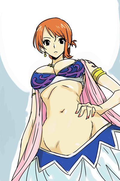 1girl, alabasta, arabian_clothes, armband, breasts, cleavage, curvy, earrings