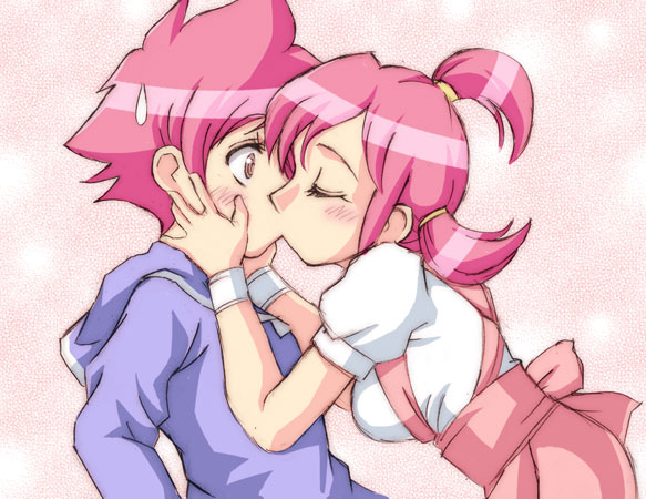 2girls, anna_miller, blush, chaccu, hood, hoodie, kiss, kumatora