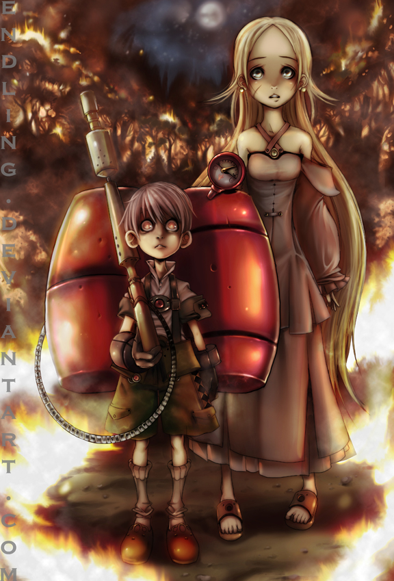 bare_shoulders, blonde_hair, blue_eyes, blurry, brown_hair, depth_of_field, earrings, everafter