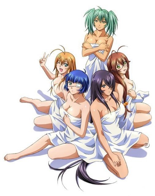 00s, 5girls, ;d, ahoge, antenna_hair, aqua_eyes, bangs, bare_shoulders