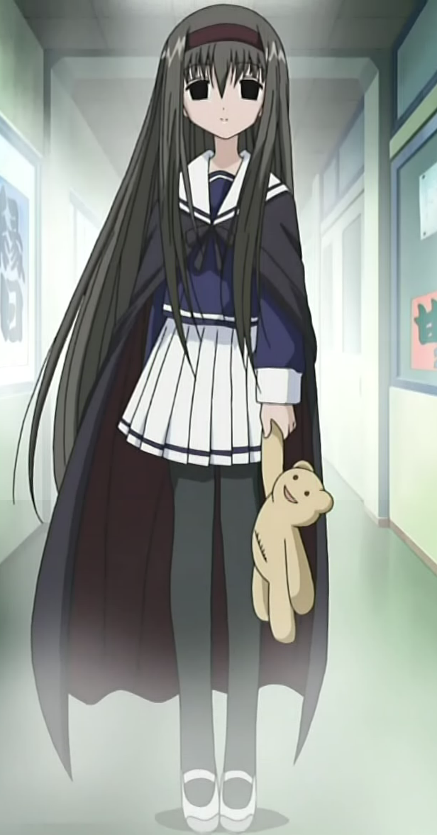 black_hair, buchou, cape, empty_eyes, hairband, headband, long_hair, mahoraba