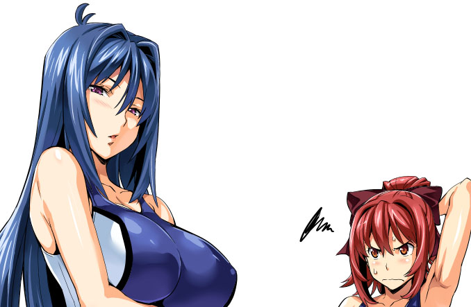 2girls, arm_up, armpits, blush, breast_envy, breast_hold, breasts, competition_swimsuit