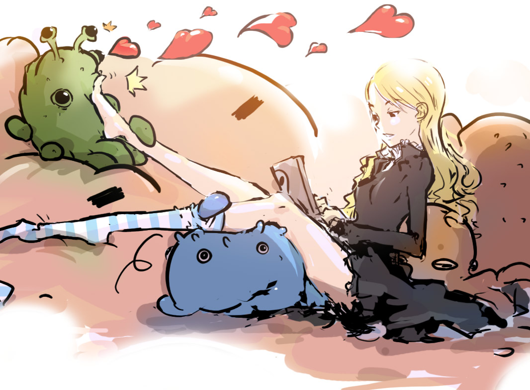 barefoot, black_dress, blonde_hair, dan_kim, dress, feet, heart, kneehighs, long_hair, momoka_corner, mopple, mr._mopps, single_sock, snax, socks, striped, striped_legwear