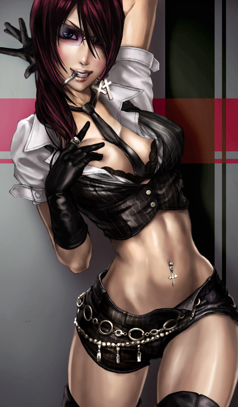 1girl, between_breasts, blue_eyes, bra, breasts, cigarette, cleavage, cross