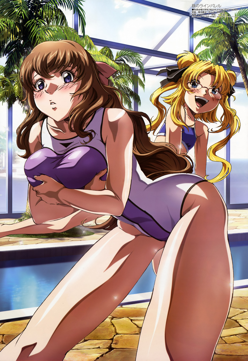 2girls, :d, absurdres, bent_over, bikini, blonde_hair, blue_eyes, blush